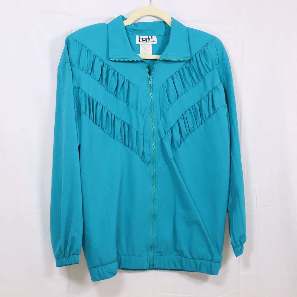 Teddi Windbreaker Jacket Large Teal Womens Ruched Chevron Zip Up Bomber